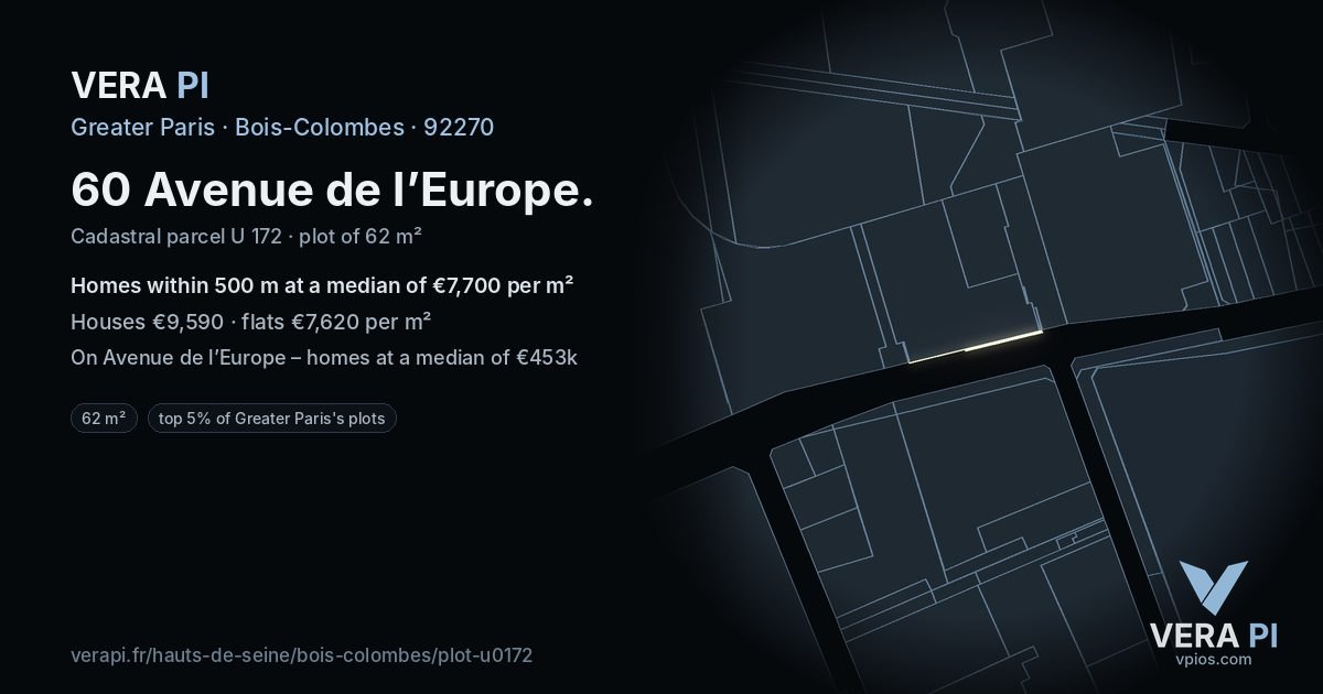 60 Avenue de l’Europe, Bois-Colombes at night – the plot lit, the parcels around coloured by the prices near them