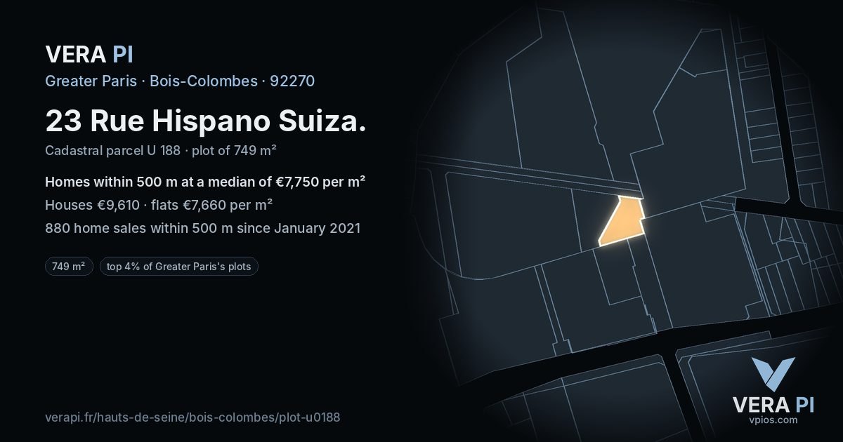 23 Rue Hispano Suiza, Bois-Colombes at night – the plot lit, the parcels around coloured by the prices near them