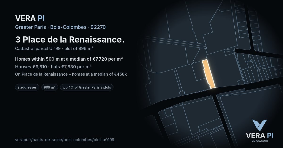 3 Place de la Renaissance, Bois-Colombes at night – the plot lit, the parcels around coloured by the prices near them