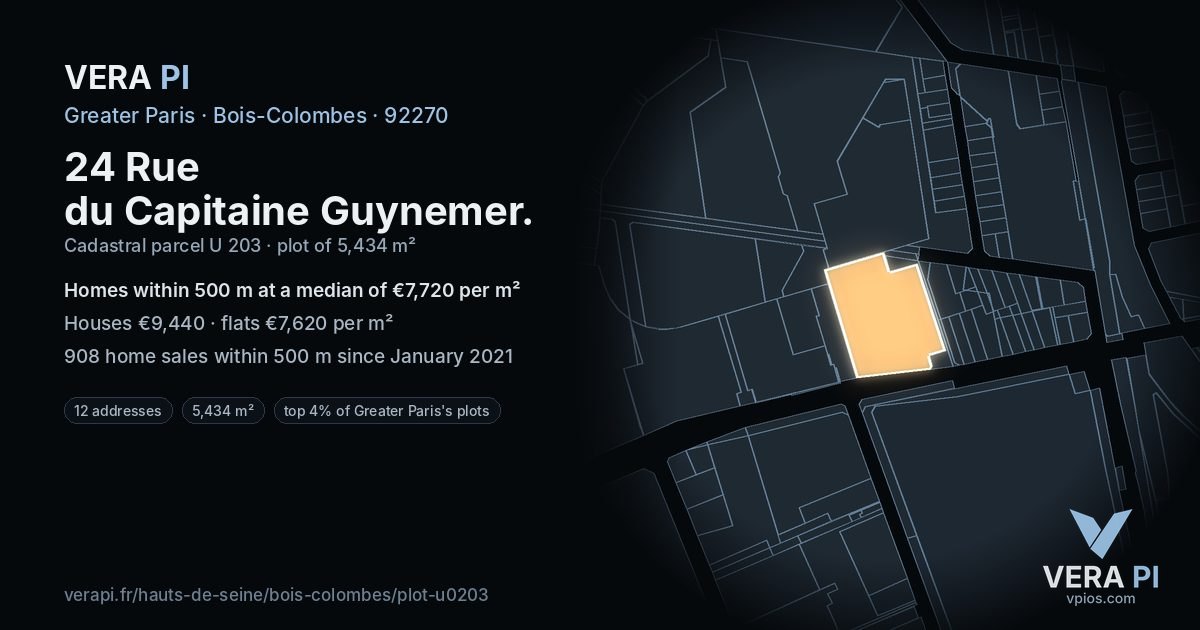 24 Rue du Capitaine Guynemer, Bois-Colombes at night – the plot lit, the parcels around coloured by the prices near them