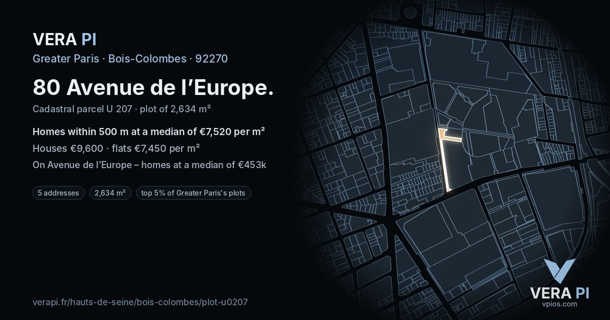 80 Avenue de l’Europe, Bois-Colombes at night – the plot lit, the parcels around coloured by the prices near them