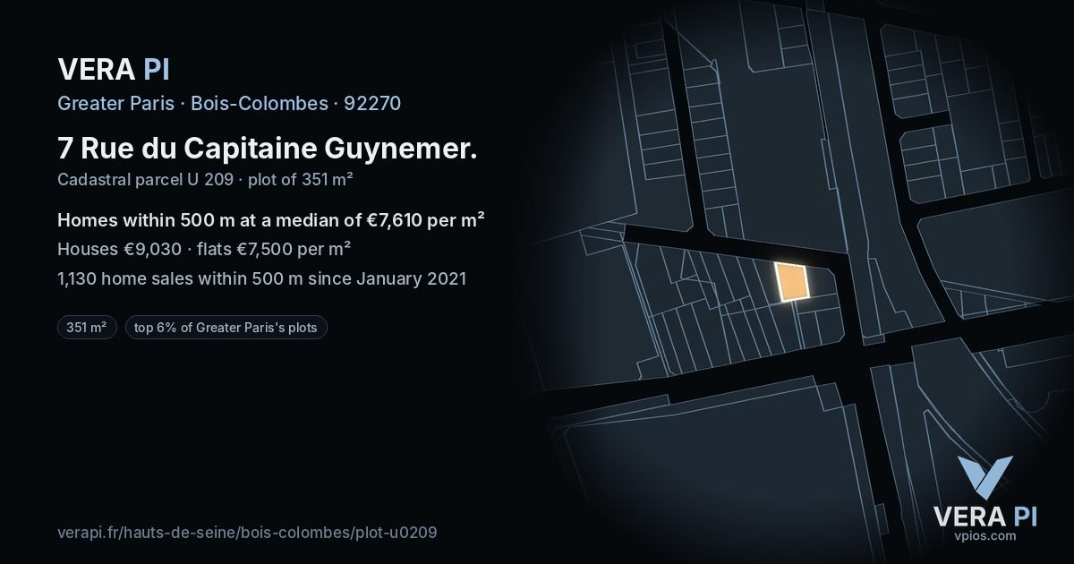 7 Rue du Capitaine Guynemer, Bois-Colombes at night – the plot lit, the parcels around coloured by the prices near them
