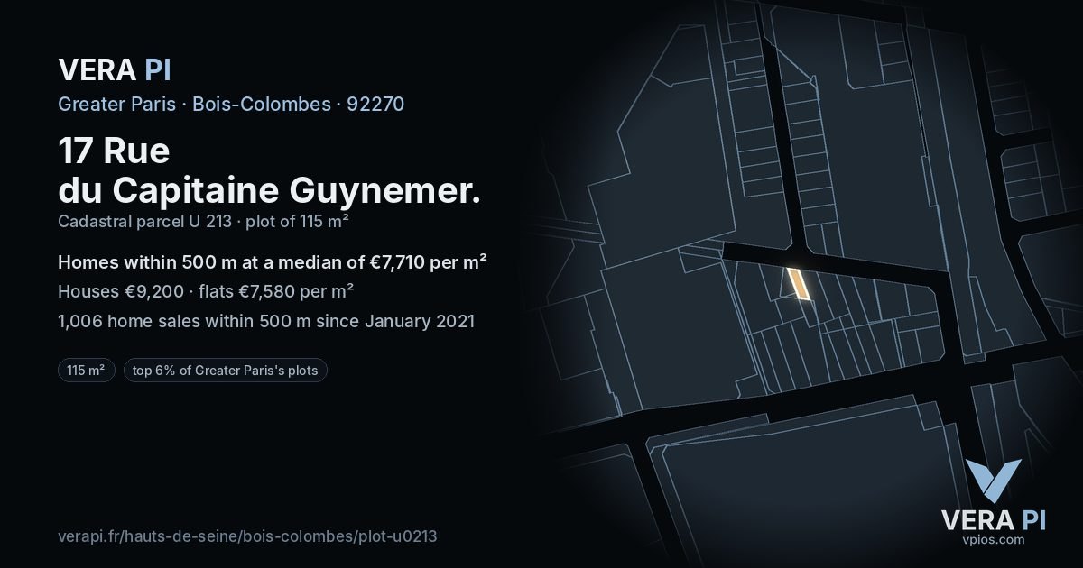 17 Rue du Capitaine Guynemer, Bois-Colombes at night – the plot lit, the parcels around coloured by the prices near them