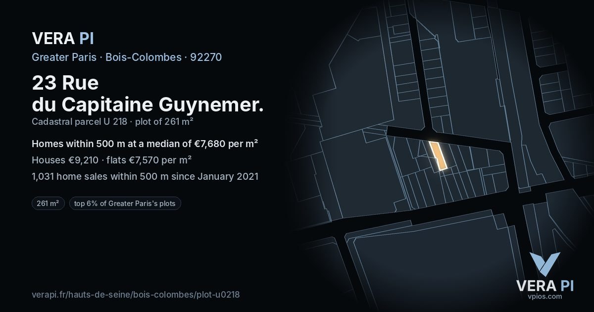 23 Rue du Capitaine Guynemer, Bois-Colombes at night – the plot lit, the parcels around coloured by the prices near them