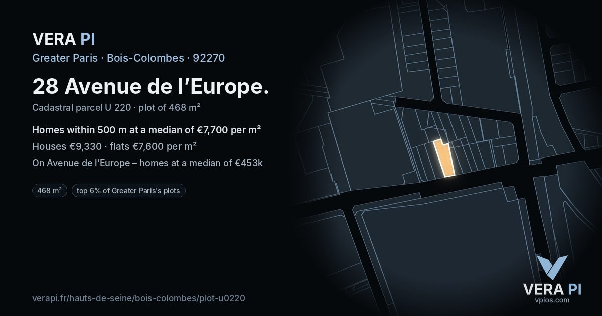 28 Avenue de l’Europe, Bois-Colombes at night – the plot lit, the parcels around coloured by the prices near them