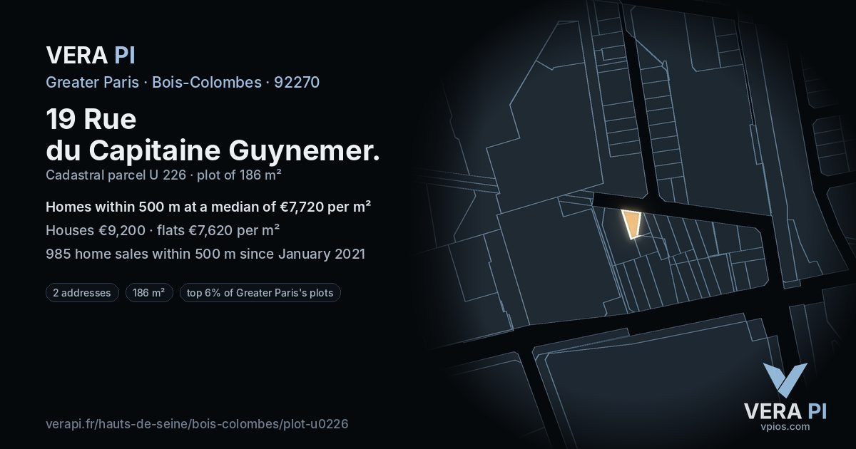 19 Rue du Capitaine Guynemer, Bois-Colombes at night – the plot lit, the parcels around coloured by the prices near them