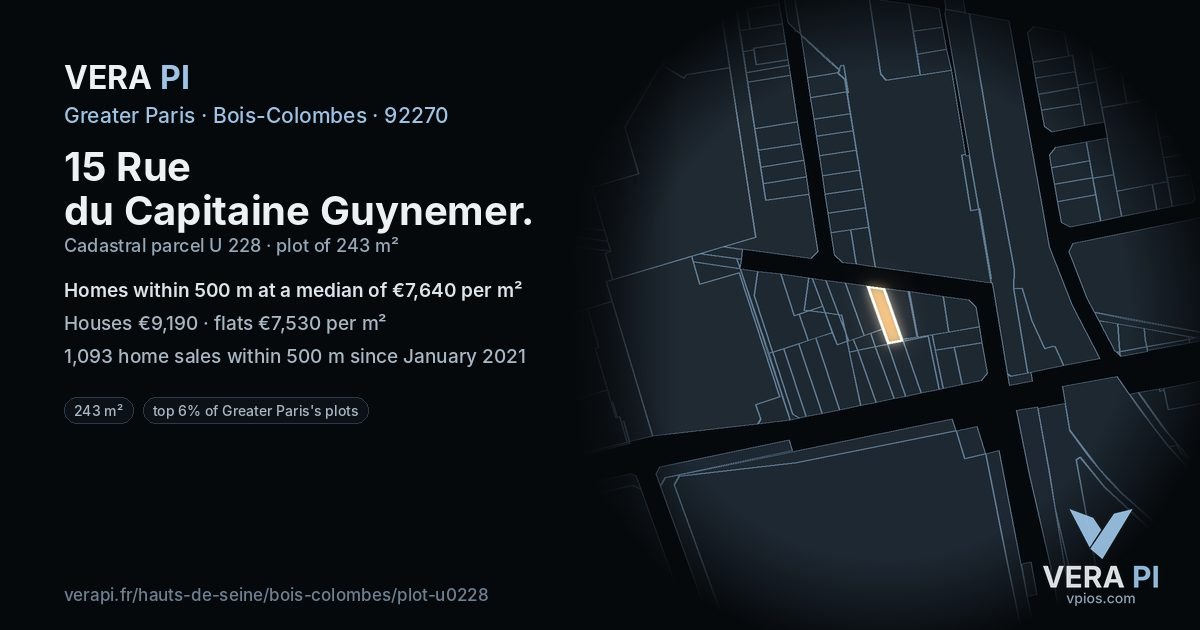 15 Rue du Capitaine Guynemer, Bois-Colombes at night – the plot lit, the parcels around coloured by the prices near them