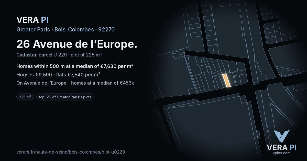 26 Avenue de l’Europe, Bois-Colombes at night – the plot lit, the parcels around coloured by the prices near them