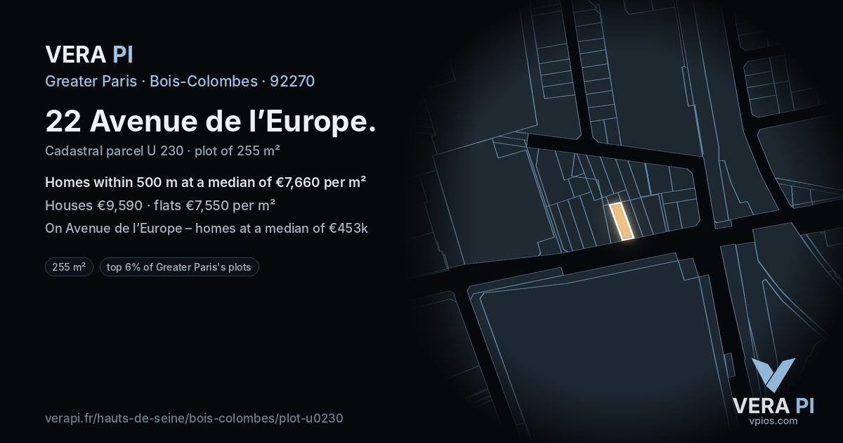 22 Avenue de l’Europe, Bois-Colombes at night – the plot lit, the parcels around coloured by the prices near them