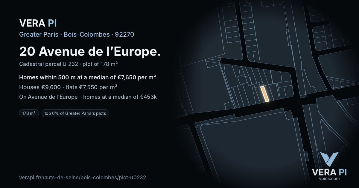 20 Avenue de l’Europe, Bois-Colombes at night – the plot lit, the parcels around coloured by the prices near them