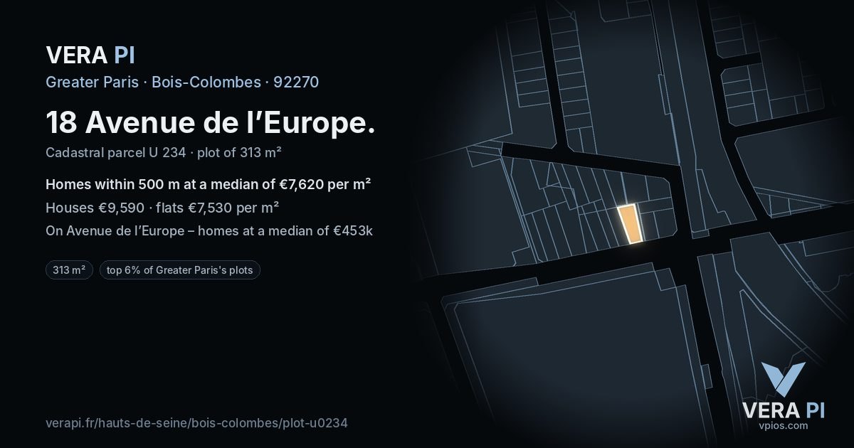 18 Avenue de l’Europe, Bois-Colombes at night – the plot lit, the parcels around coloured by the prices near them