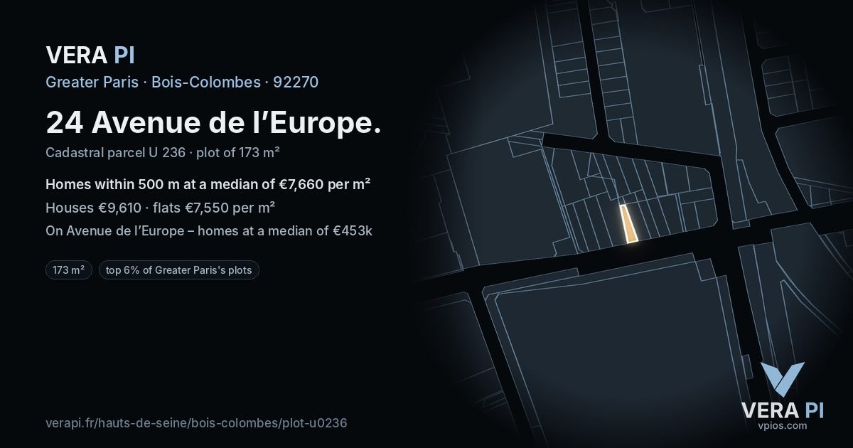 24 Avenue de l’Europe, Bois-Colombes at night – the plot lit, the parcels around coloured by the prices near them