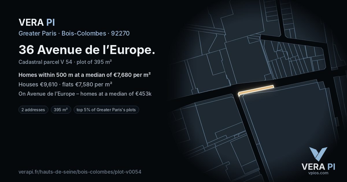 36 Avenue de l’Europe, Bois-Colombes at night – the plot lit, the parcels around coloured by the prices near them