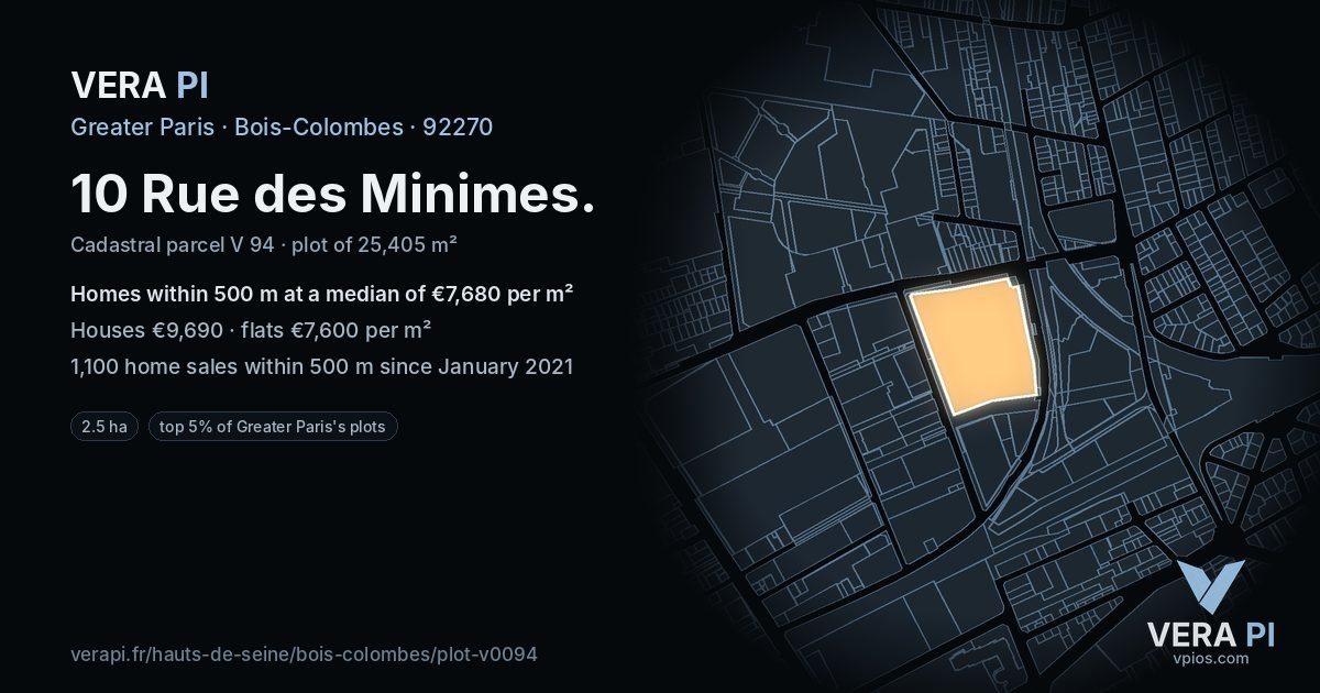 10 Rue des Minimes, Bois-Colombes at night – the plot lit, the parcels around coloured by the prices near them