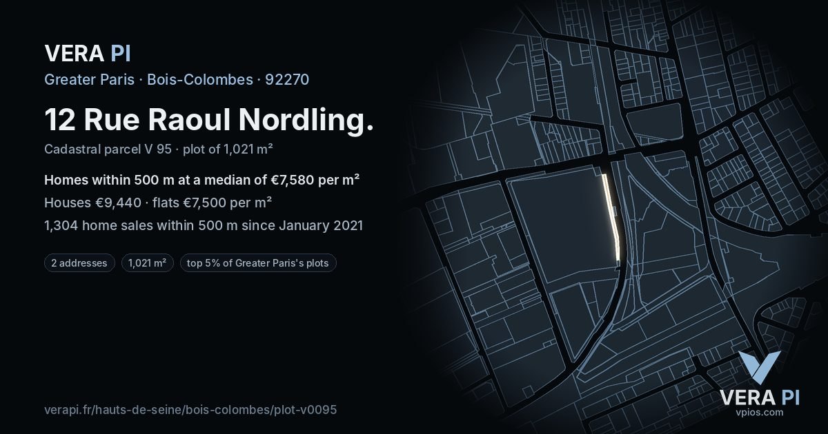 12 Rue Raoul Nordling, Bois-Colombes at night – the plot lit, the parcels around coloured by the prices near them