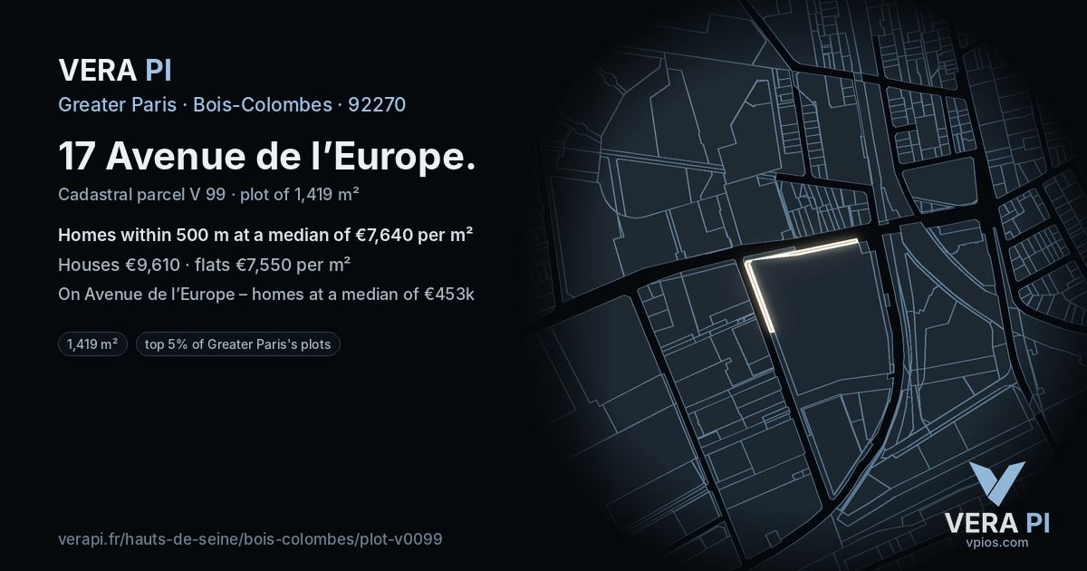 17 Avenue de l’Europe, Bois-Colombes at night – the plot lit, the parcels around coloured by the prices near them