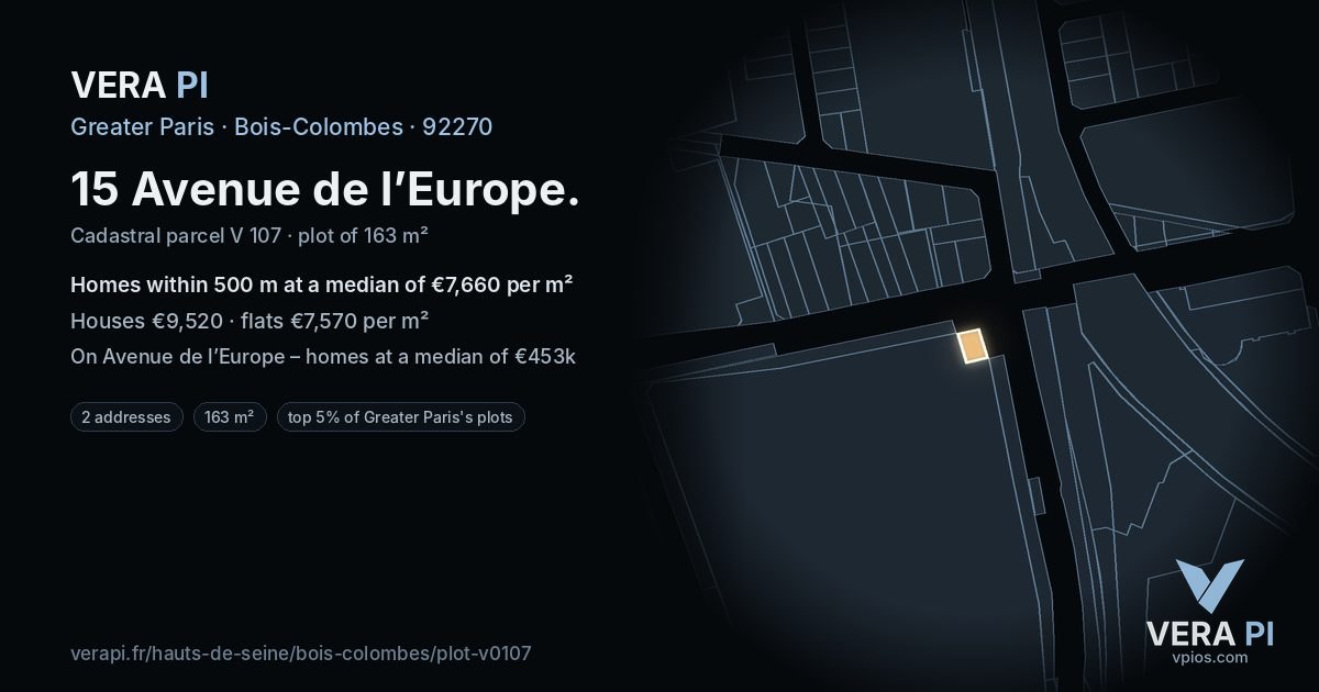 15 Avenue de l’Europe, Bois-Colombes at night – the plot lit, the parcels around coloured by the prices near them