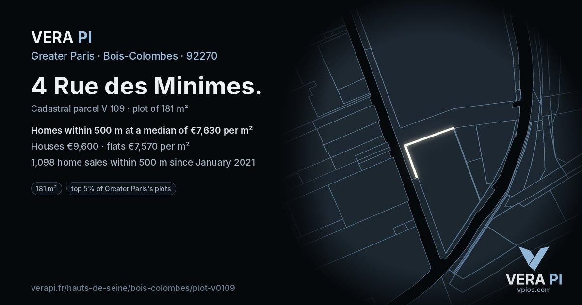 4 Rue des Minimes, Bois-Colombes at night – the plot lit, the parcels around coloured by the prices near them