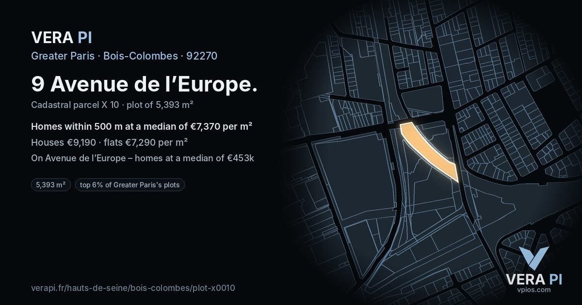 9 Avenue de l’Europe, Bois-Colombes at night – the plot lit, the parcels around coloured by the prices near them