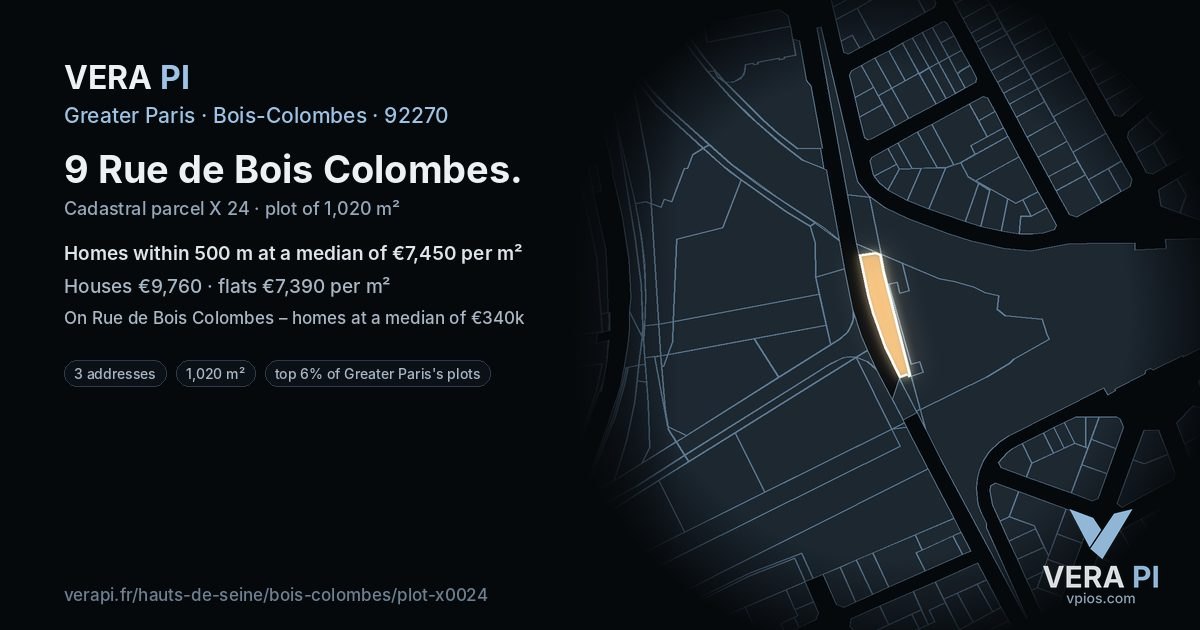 9 Rue de Bois Colombes, Bois-Colombes at night – the plot lit, the parcels around coloured by the prices near them