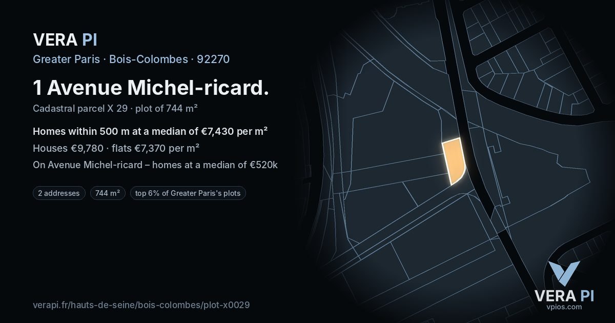 1 Avenue Michel-ricard, Bois-Colombes at night – the plot lit, the parcels around coloured by the prices near them