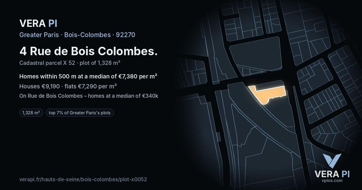 4 Rue de Bois Colombes, Bois-Colombes at night – the plot lit, the parcels around coloured by the prices near them