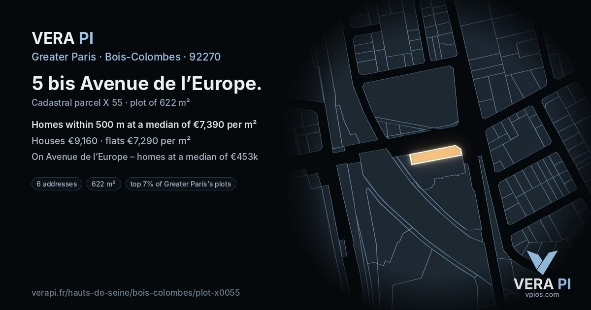 5 bis Avenue de l’Europe, Bois-Colombes at night – the plot lit, the parcels around coloured by the prices near them