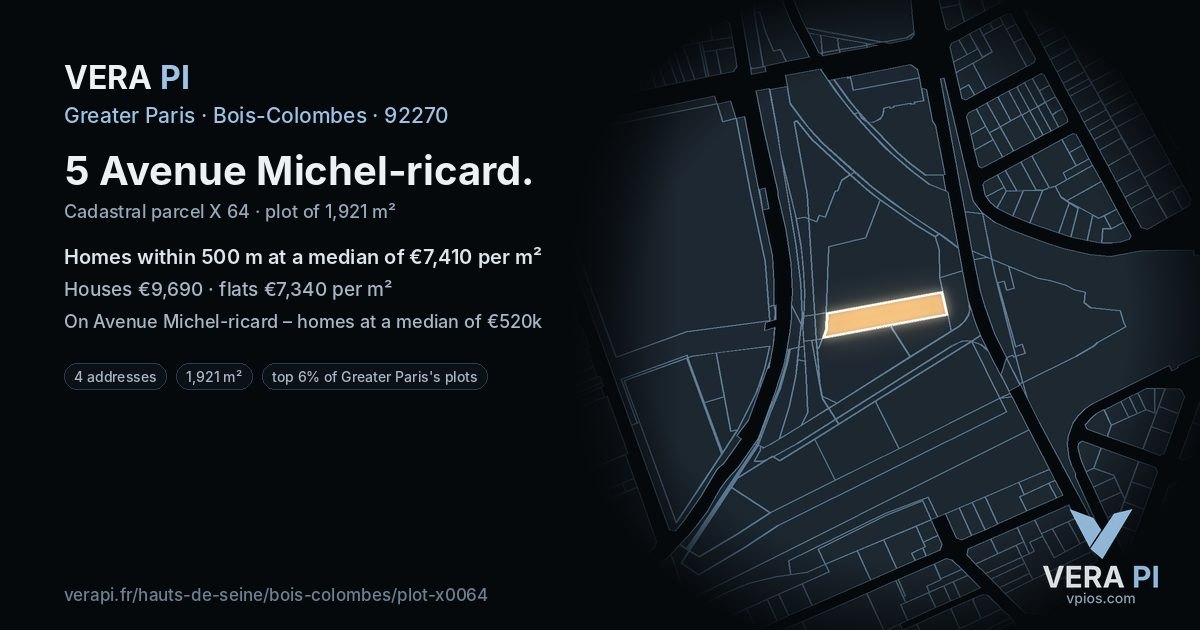 5 Avenue Michel-ricard, Bois-Colombes at night – the plot lit, the parcels around coloured by the prices near them