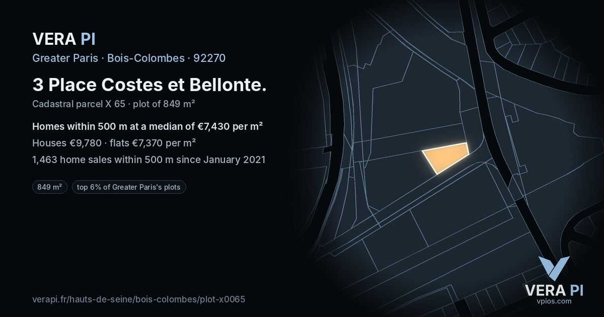 3 Place Costes et Bellonte, Bois-Colombes at night – the plot lit, the parcels around coloured by the prices near them