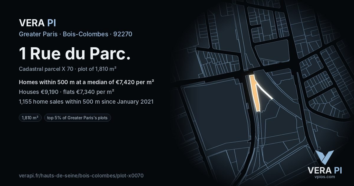 1 Rue du Parc, Bois-Colombes at night – the plot lit, the parcels around coloured by the prices near them