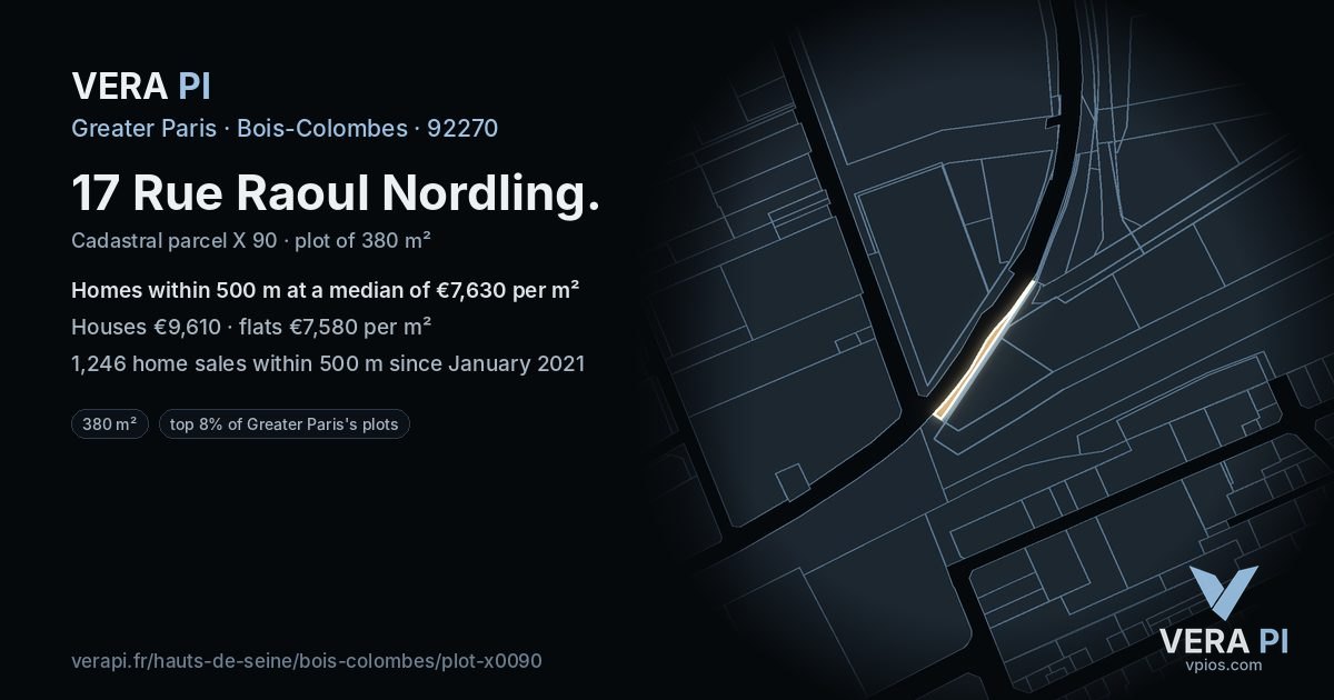 17 Rue Raoul Nordling, Bois-Colombes at night – the plot lit, the parcels around coloured by the prices near them