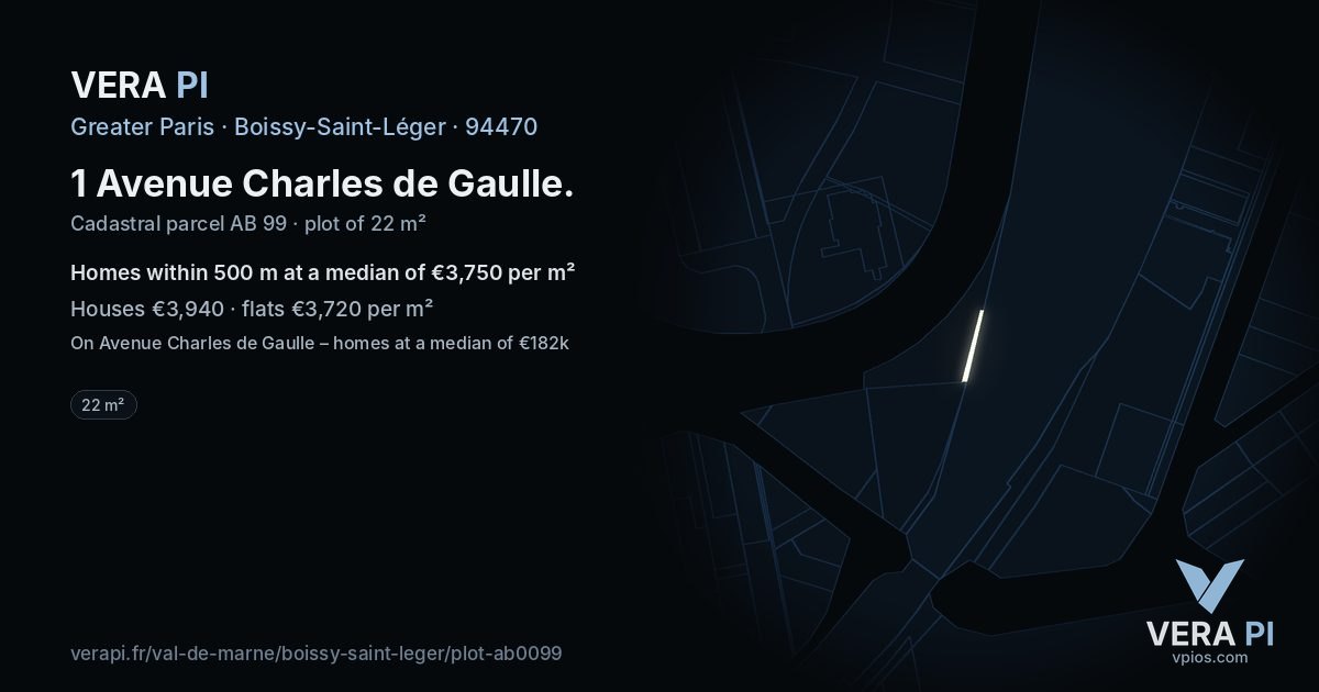 1 Avenue Charles de Gaulle, Boissy-Saint-Léger at night – the plot lit, the parcels around coloured by the prices near them