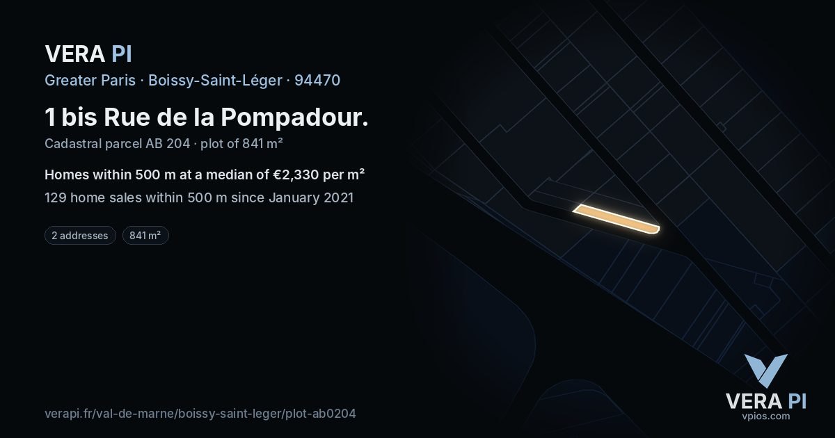 1 bis Rue de la Pompadour, Boissy-Saint-Léger at night – the plot lit, the parcels around coloured by the prices near them
