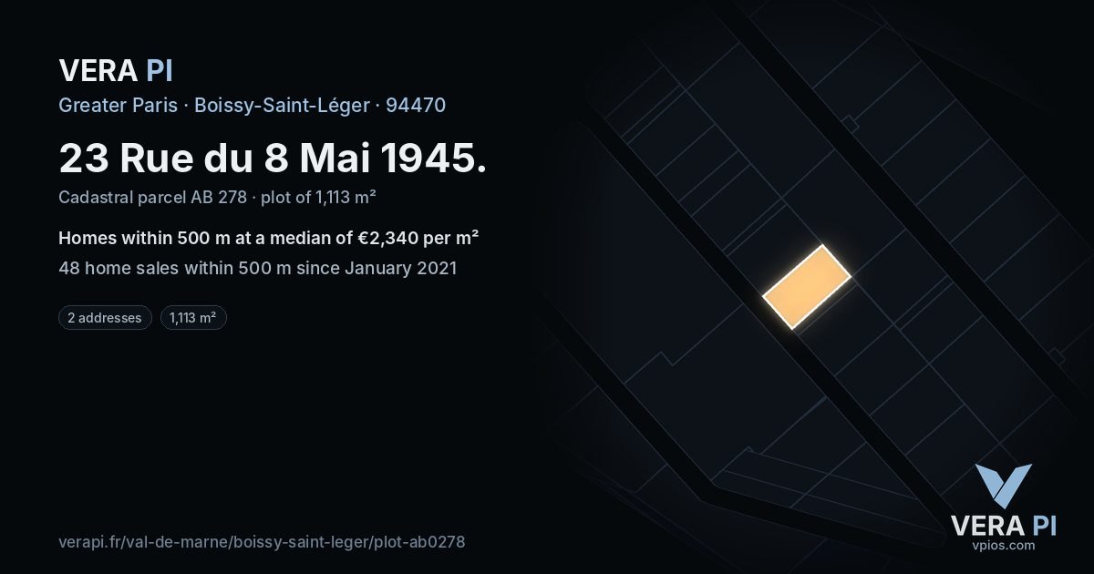 23 Rue du 8 Mai 1945, Boissy-Saint-Léger at night – the plot lit, the parcels around coloured by the prices near them