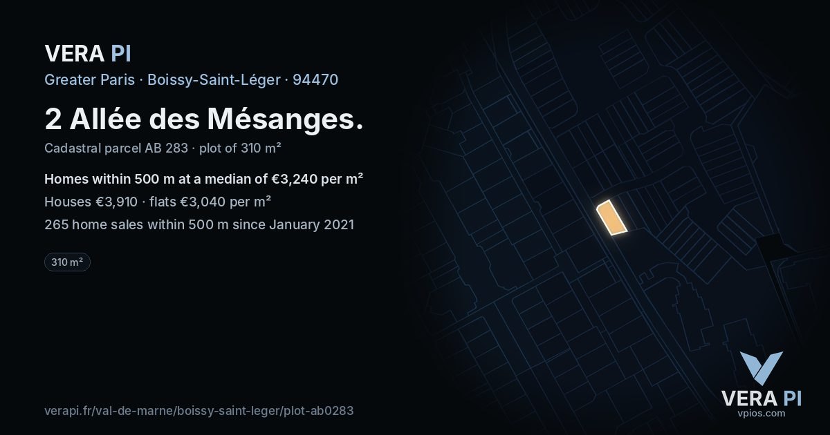 2 Allée des Mésanges, Boissy-Saint-Léger at night – the plot lit, the parcels around coloured by the prices near them