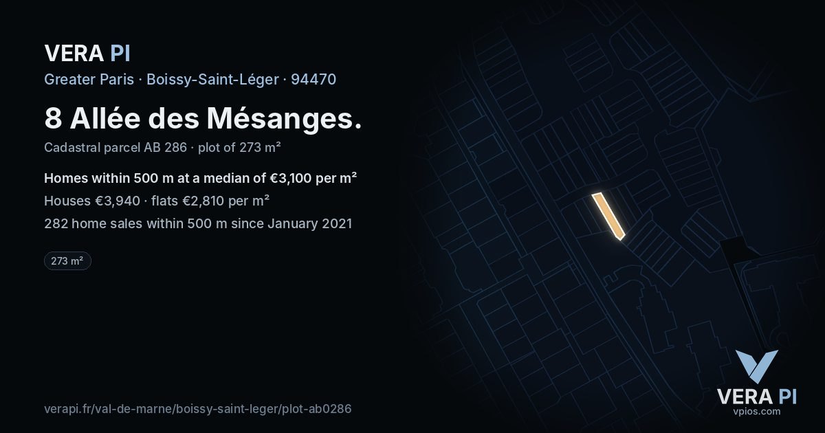 8 Allée des Mésanges, Boissy-Saint-Léger at night – the plot lit, the parcels around coloured by the prices near them