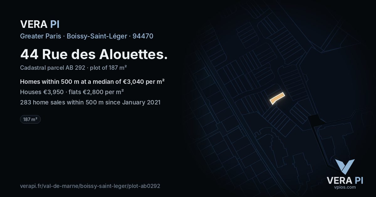 44 Rue des Alouettes, Boissy-Saint-Léger at night – the plot lit, the parcels around coloured by the prices near them