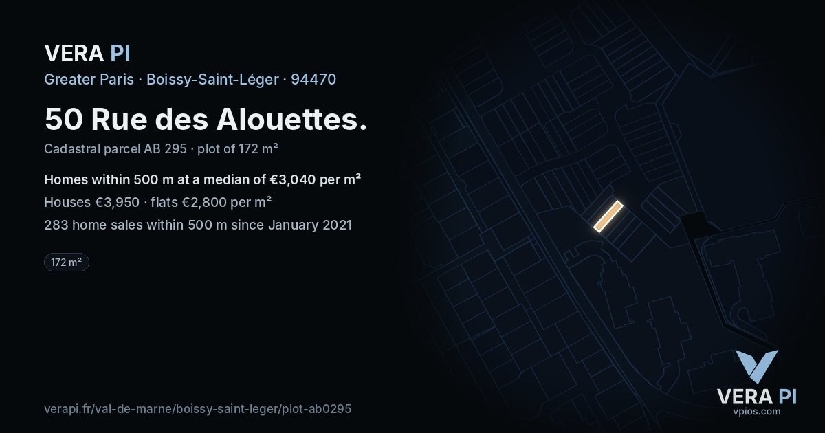 50 Rue des Alouettes, Boissy-Saint-Léger at night – the plot lit, the parcels around coloured by the prices near them