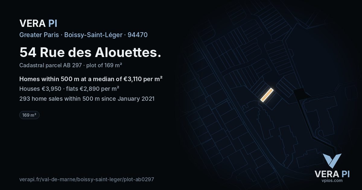 54 Rue des Alouettes, Boissy-Saint-Léger at night – the plot lit, the parcels around coloured by the prices near them