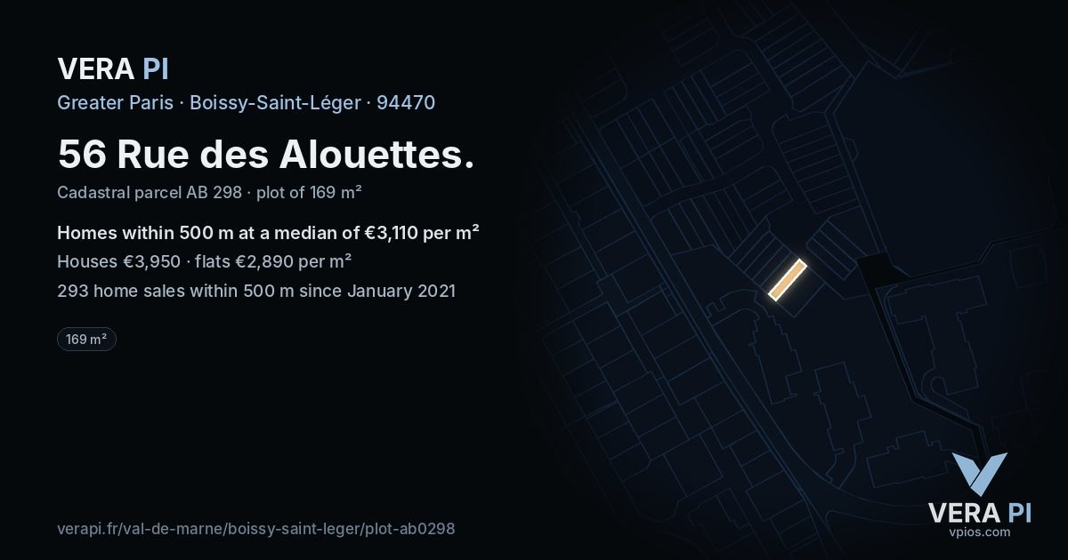 56 Rue des Alouettes, Boissy-Saint-Léger at night – the plot lit, the parcels around coloured by the prices near them