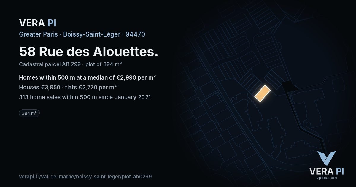 58 Rue des Alouettes, Boissy-Saint-Léger at night – the plot lit, the parcels around coloured by the prices near them