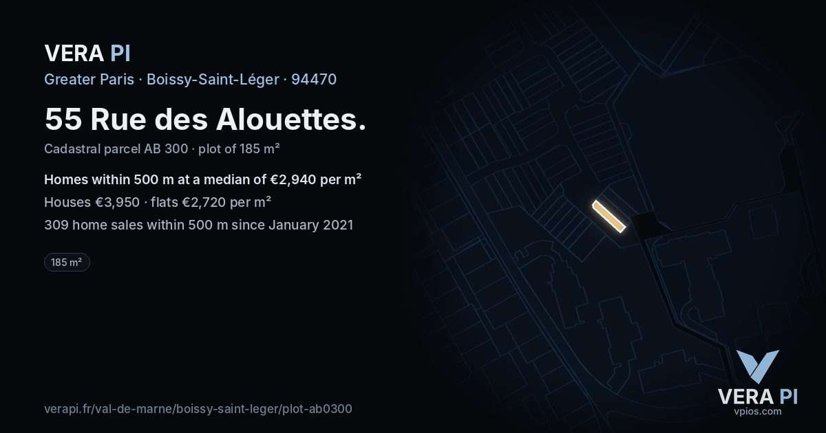 55 Rue des Alouettes, Boissy-Saint-Léger at night – the plot lit, the parcels around coloured by the prices near them
