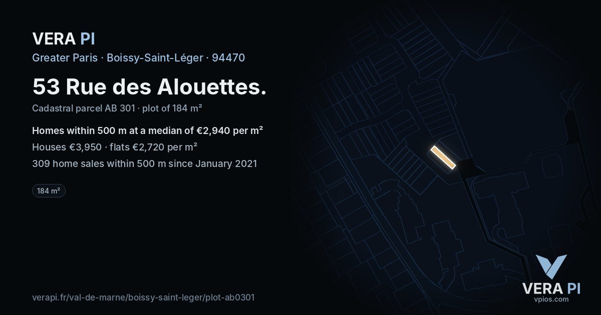 53 Rue des Alouettes, Boissy-Saint-Léger at night – the plot lit, the parcels around coloured by the prices near them
