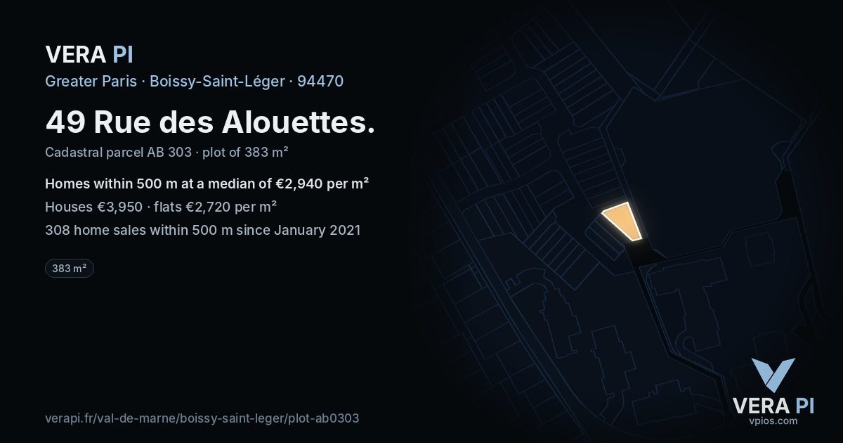 49 Rue des Alouettes, Boissy-Saint-Léger at night – the plot lit, the parcels around coloured by the prices near them