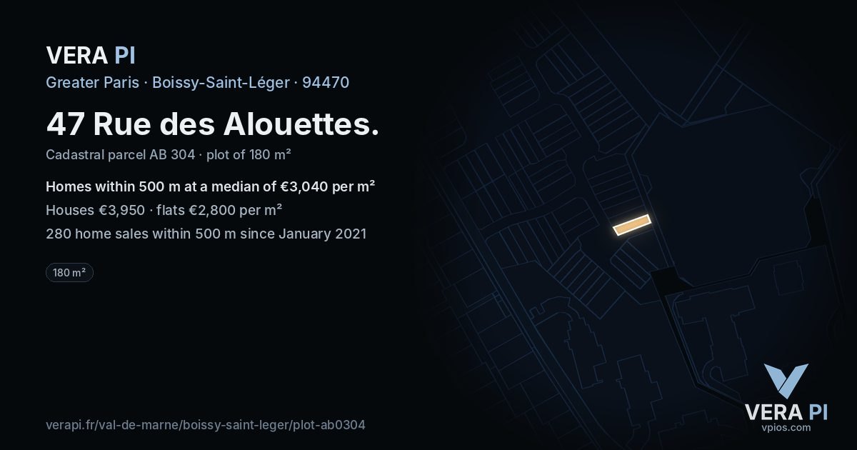 47 Rue des Alouettes, Boissy-Saint-Léger at night – the plot lit, the parcels around coloured by the prices near them