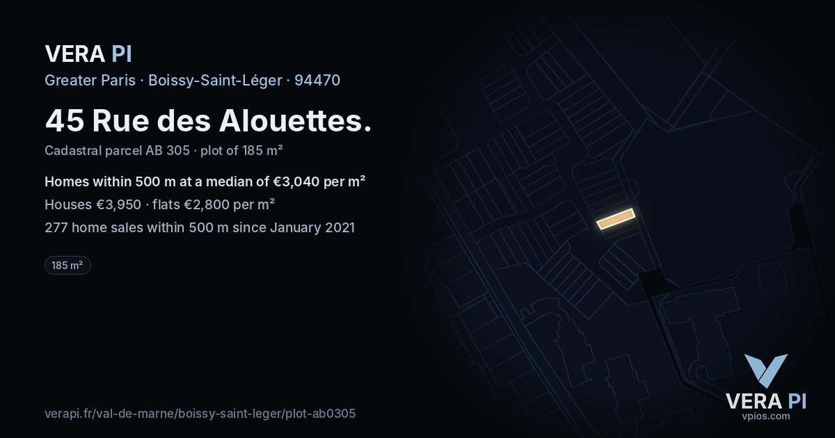 45 Rue des Alouettes, Boissy-Saint-Léger at night – the plot lit, the parcels around coloured by the prices near them