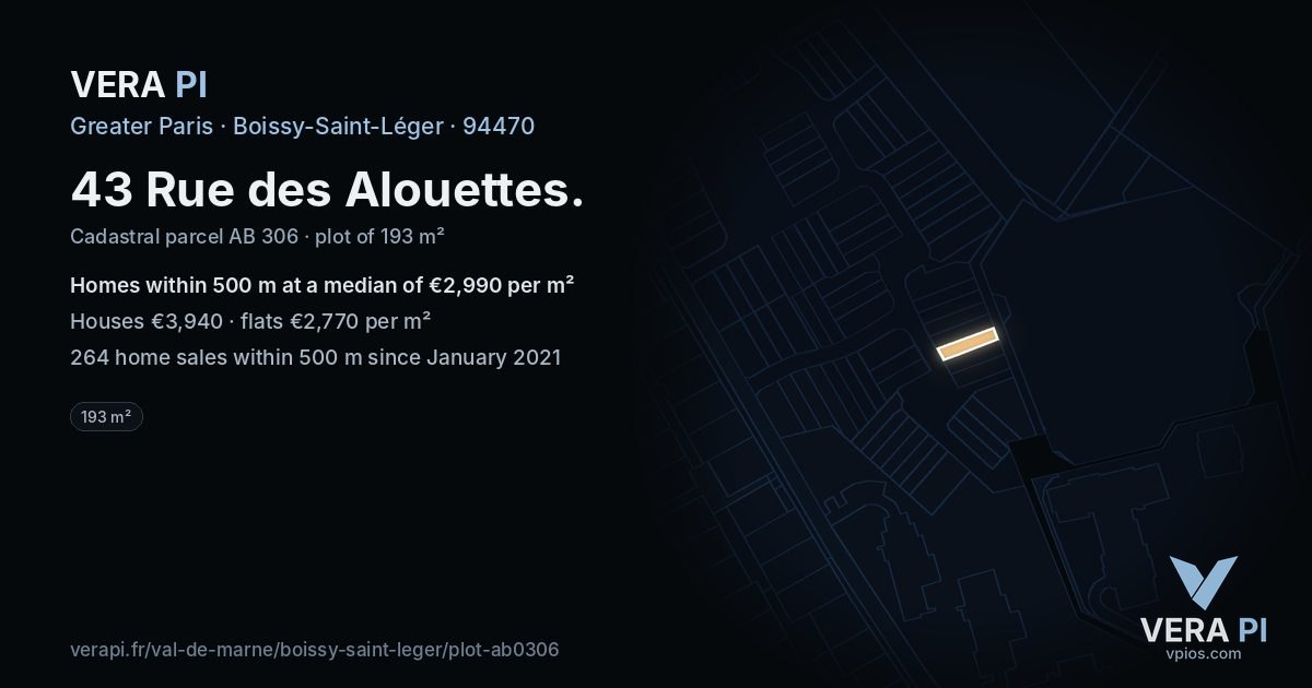 43 Rue des Alouettes, Boissy-Saint-Léger at night – the plot lit, the parcels around coloured by the prices near them
