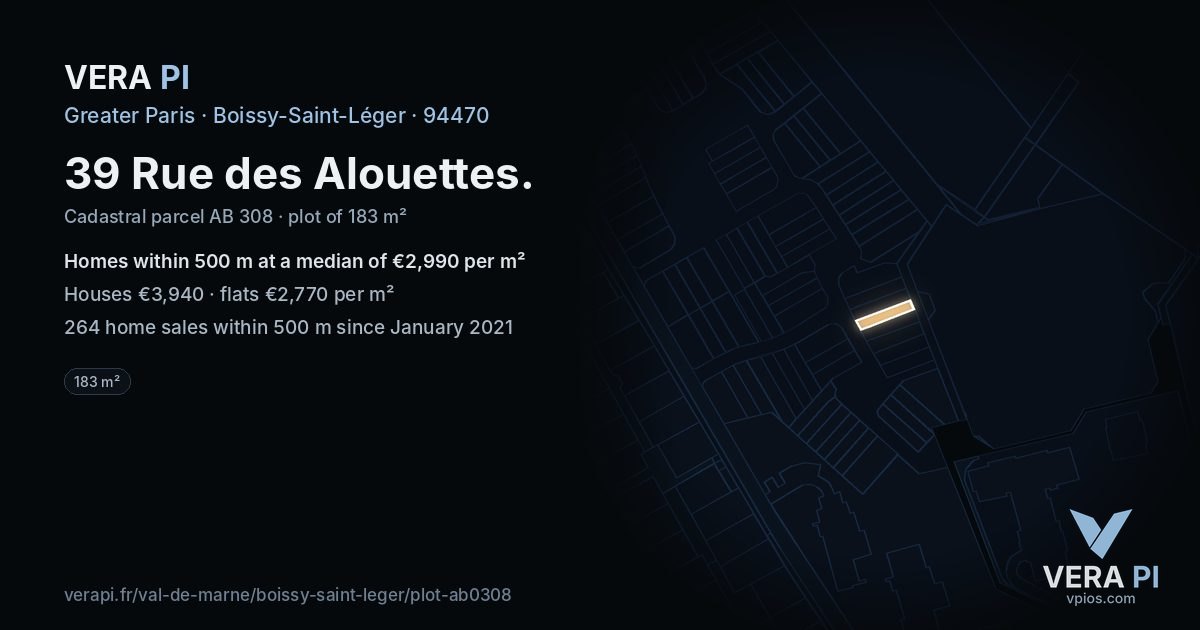 39 Rue des Alouettes, Boissy-Saint-Léger at night – the plot lit, the parcels around coloured by the prices near them