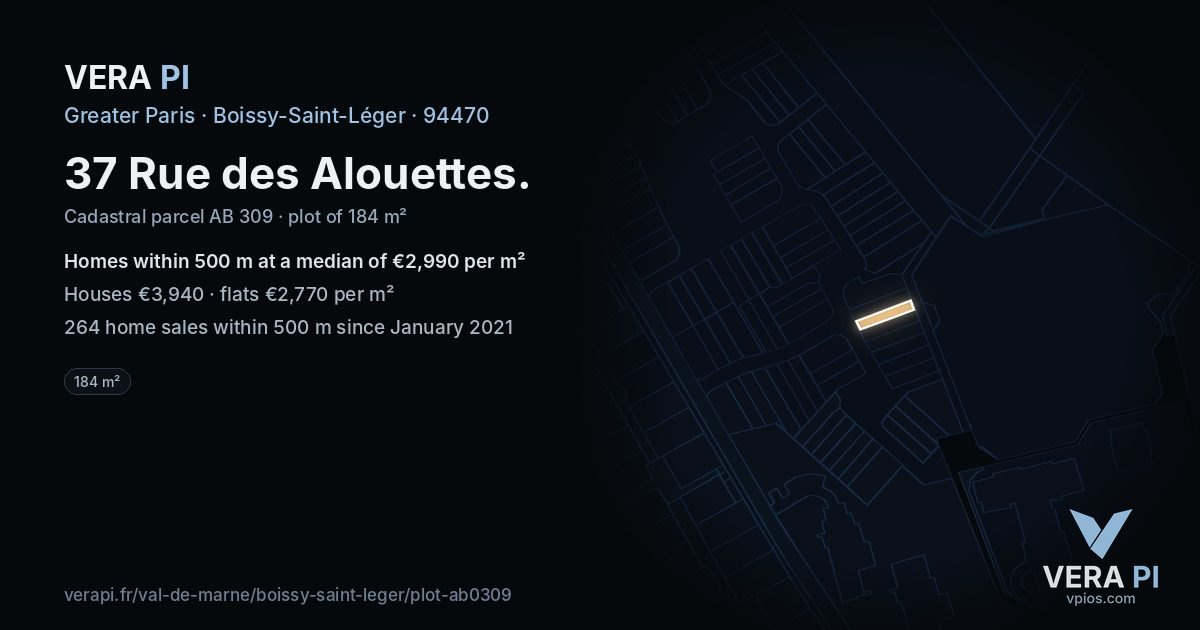 37 Rue des Alouettes, Boissy-Saint-Léger at night – the plot lit, the parcels around coloured by the prices near them