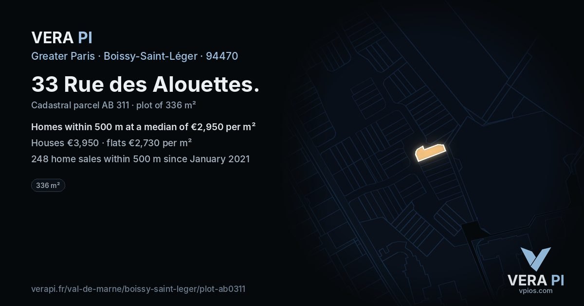 33 Rue des Alouettes, Boissy-Saint-Léger at night – the plot lit, the parcels around coloured by the prices near them